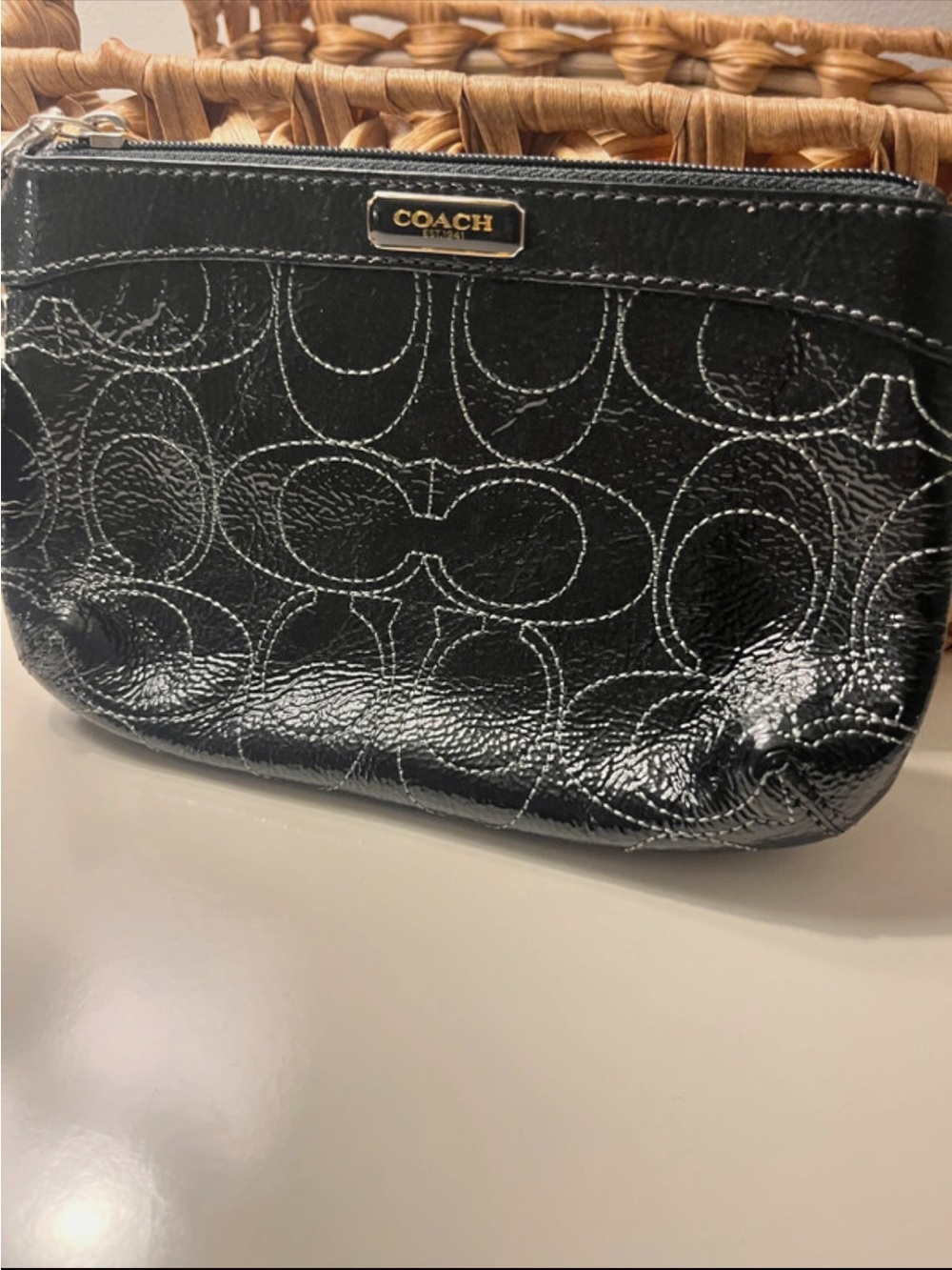 Coach Black Patent Leather Signature Wristlet VGUC